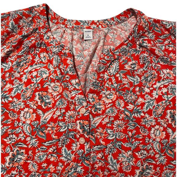 Old Navy Split Neck Long Sleeve Top Red Floral XL - Picture 5 of 10